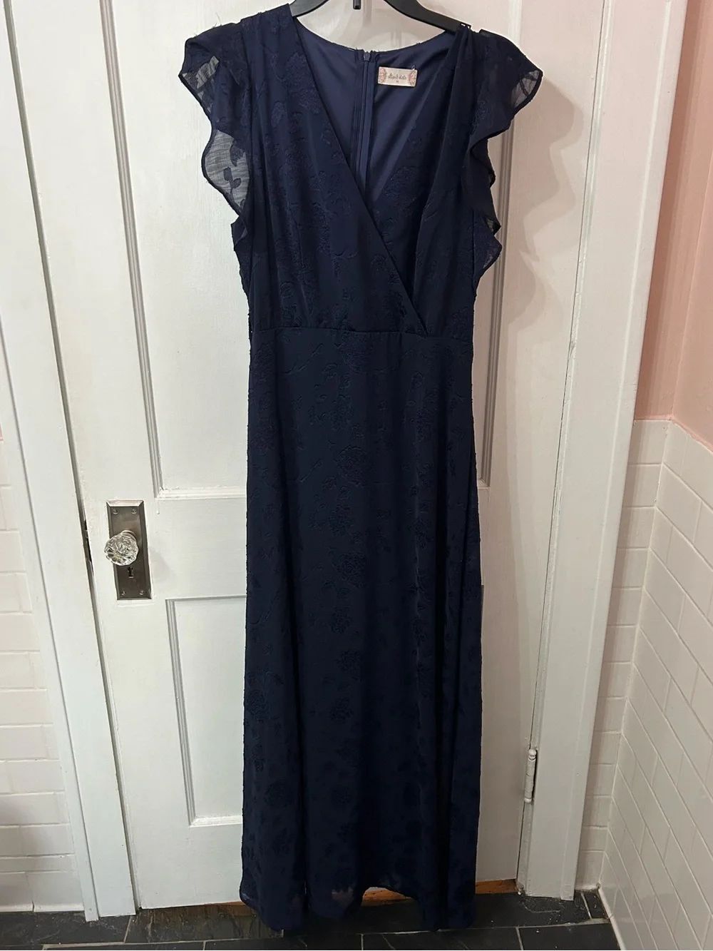 Altar'd State Navy Floral Lace Maxi Dress with Flutter Sleeves